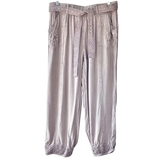 Viscose Cropped Boho Pants w/ Belt and Beading/Embroidery Sz 46/L Tan & Lavender - Picture 1 of 9